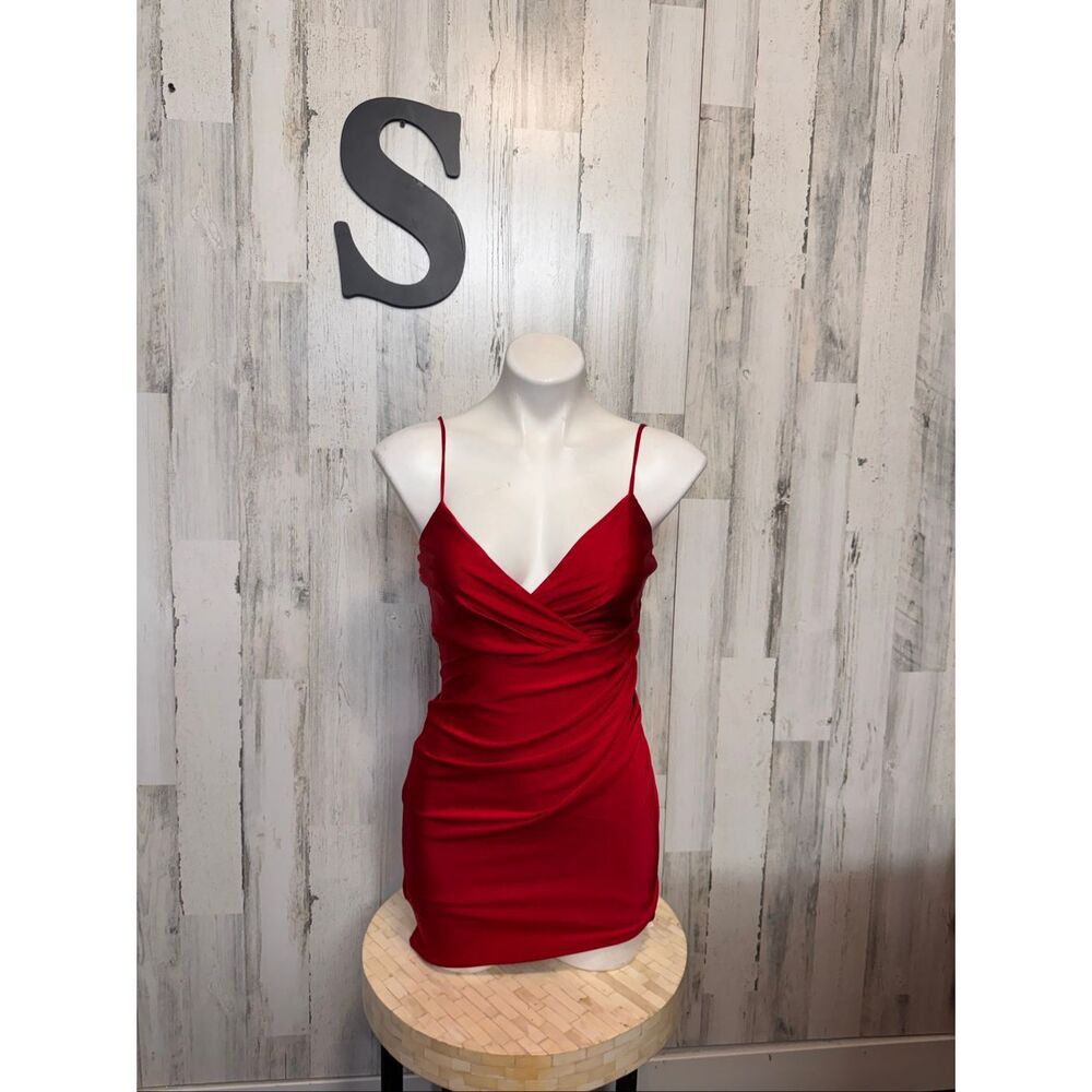 Windsor Mini Bodycon Dress Womens Small Red Surplice Ruched Spaghetti Strap